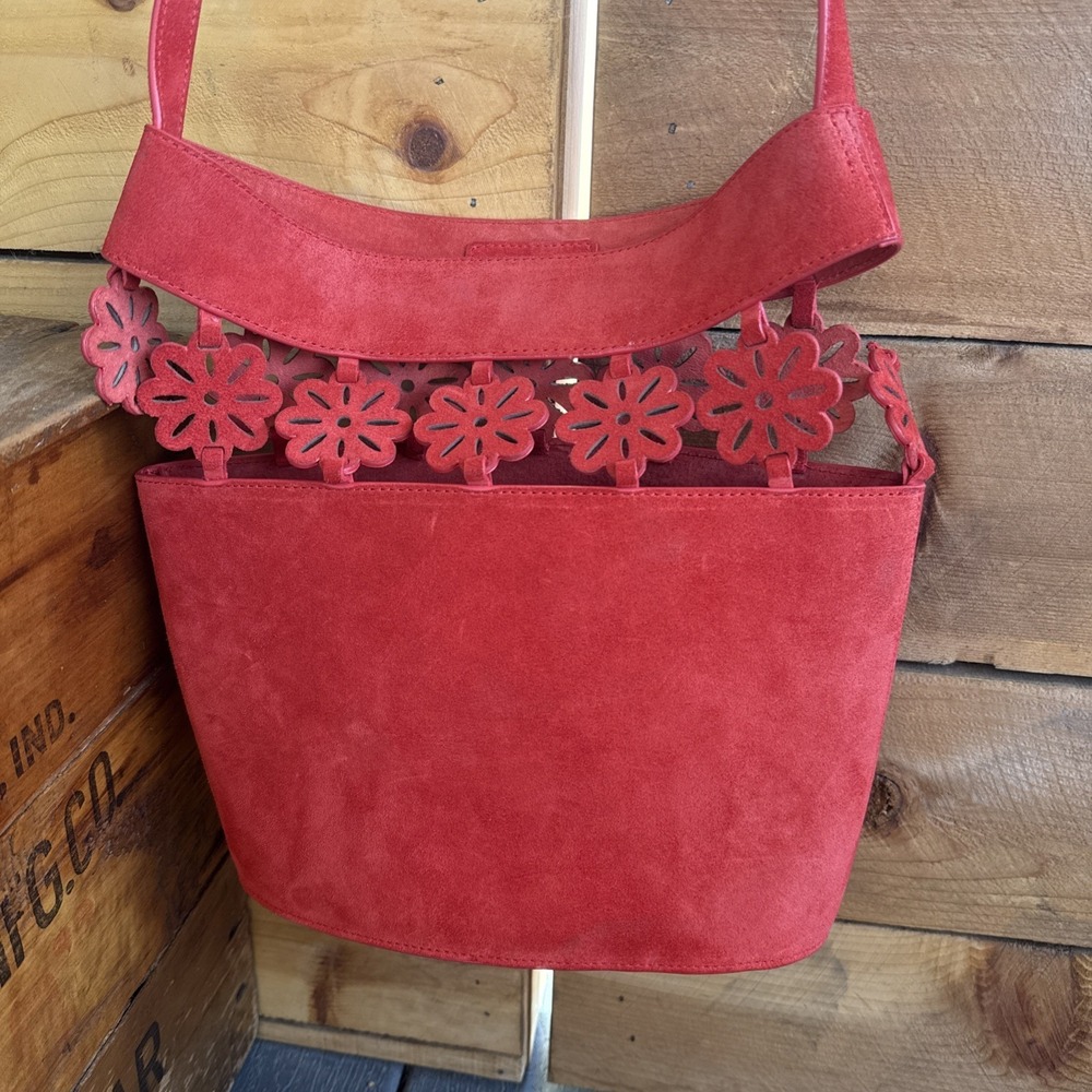 STAUD Red Suede Floral Cutout Tote Shoulder‎ Bag Designer